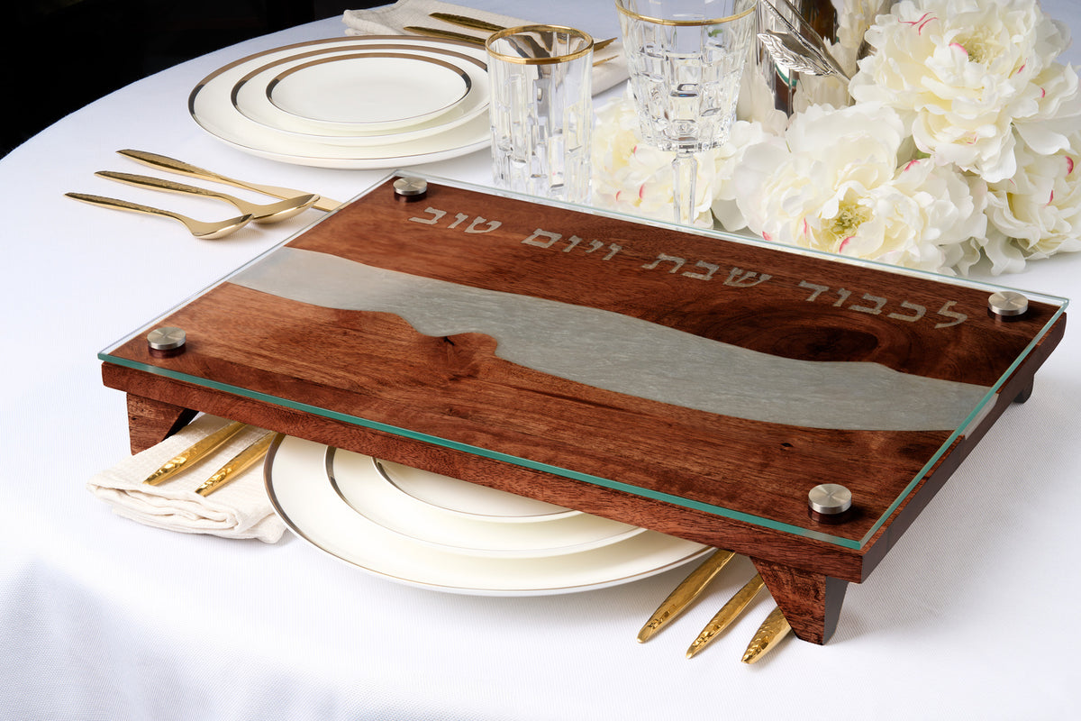 Godinger Raised Walnut Wood Challah Board with Grey Resin, Glass Top