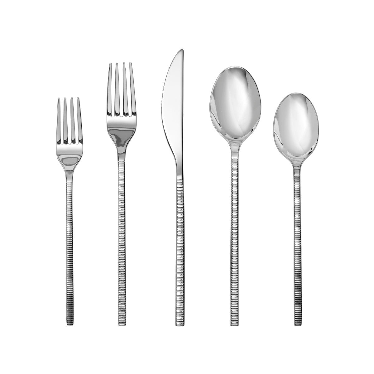 Fortessa Shoji Elongated Shape Ribbed Texture 18/10 Stainless Steel Flatware - Assorted Size Sets