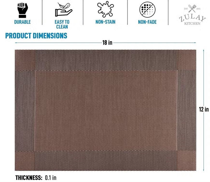 Zulay Vinyl Woven Placemats For Dining Table, 12' x 18' - Assorted Colors