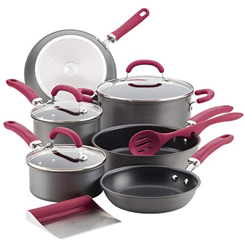 Rachael Ray 11 Piece Hard Anodized Nonstick Cookware Pots and Pans Set - Gray with Teal Handles