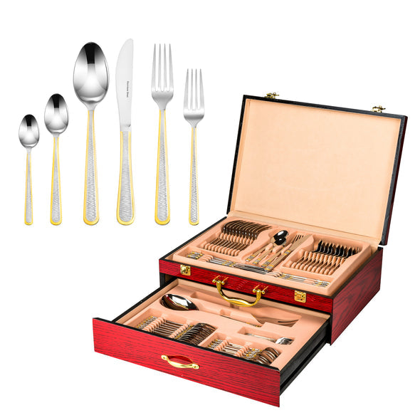 Joseph Sedgh 18/10 75 Piece Flatware Set with Gold Border in Wooden Chest, Service for 12