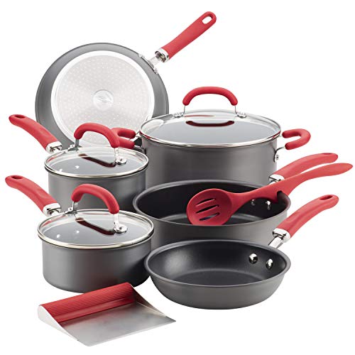 Rachael Ray 11 Piece Hard Anodized Nonstick Cookware Pots and Pans Set - Gray with Teal Handles