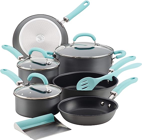 Rachael Ray 11 Piece Hard Anodized Nonstick Cookware Pots and Pans Set - Gray with Teal Handles