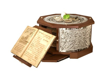 A&M Judaica Round Matzah The "Magid Kaarah" 3 Tier Kaarah with Retractable Shtender, Mahogany Silver Plated (16" x 16" x 9") - Limited Edition