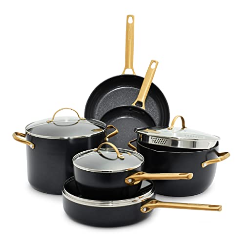 GreenPan Reserve Hard Anodized Healthy Ceramic Nonstick 10 Piece Cookware Pots and Pans Set, Gold Handle - Assorted Colors