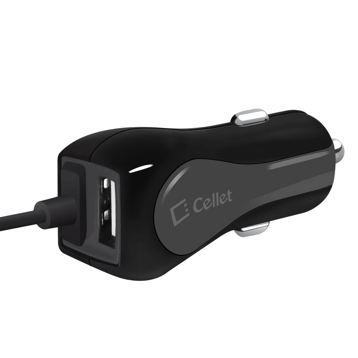 Cellet High Powered 12 Watt (2.4 Amp) Micro USB Car Charger with Extra USB Port and Coiled cable - Black