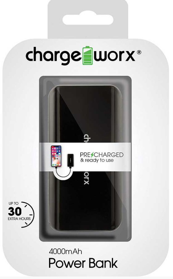 Chargeworx 4,000mAh Power Bank, Black