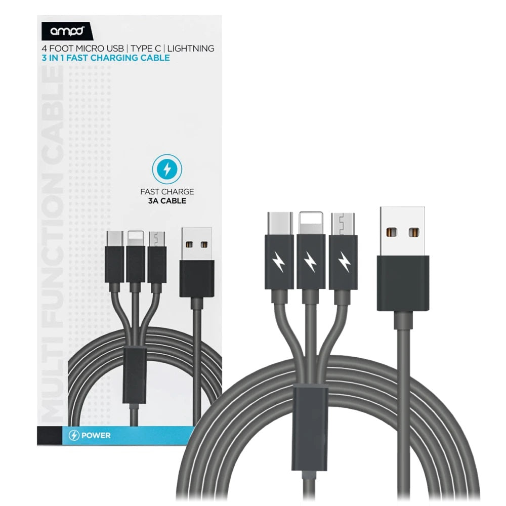 AMPD 3 in 1 Multi Tip Micro, Type C, Lightning, USB Connection Cable, Black
