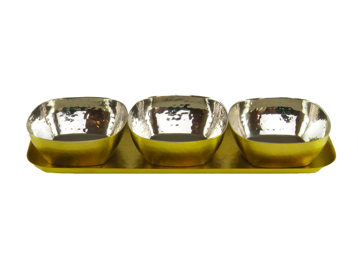 Classic Touch 3 Gold Square Sectional Candy Dip Dish with Rectangular Tray (10"L x 4"W x 1.5"H)