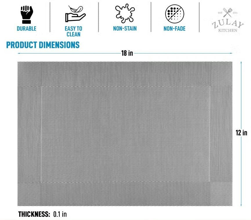 Zulay Vinyl Woven Placemats For Dining Table, 12' x 18', Grey