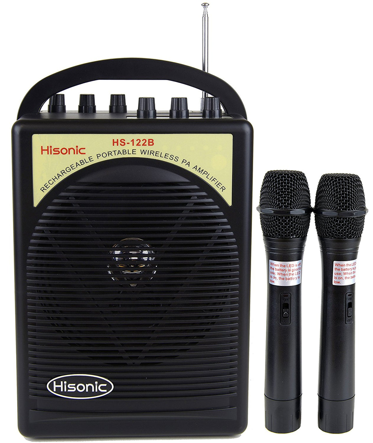 Hisonic HS122B-HH 40 Watts Rechargeable & Portable PA System, Black with Built-in Dual Wireless Microphone Receivers, 2 Handheld Mics
