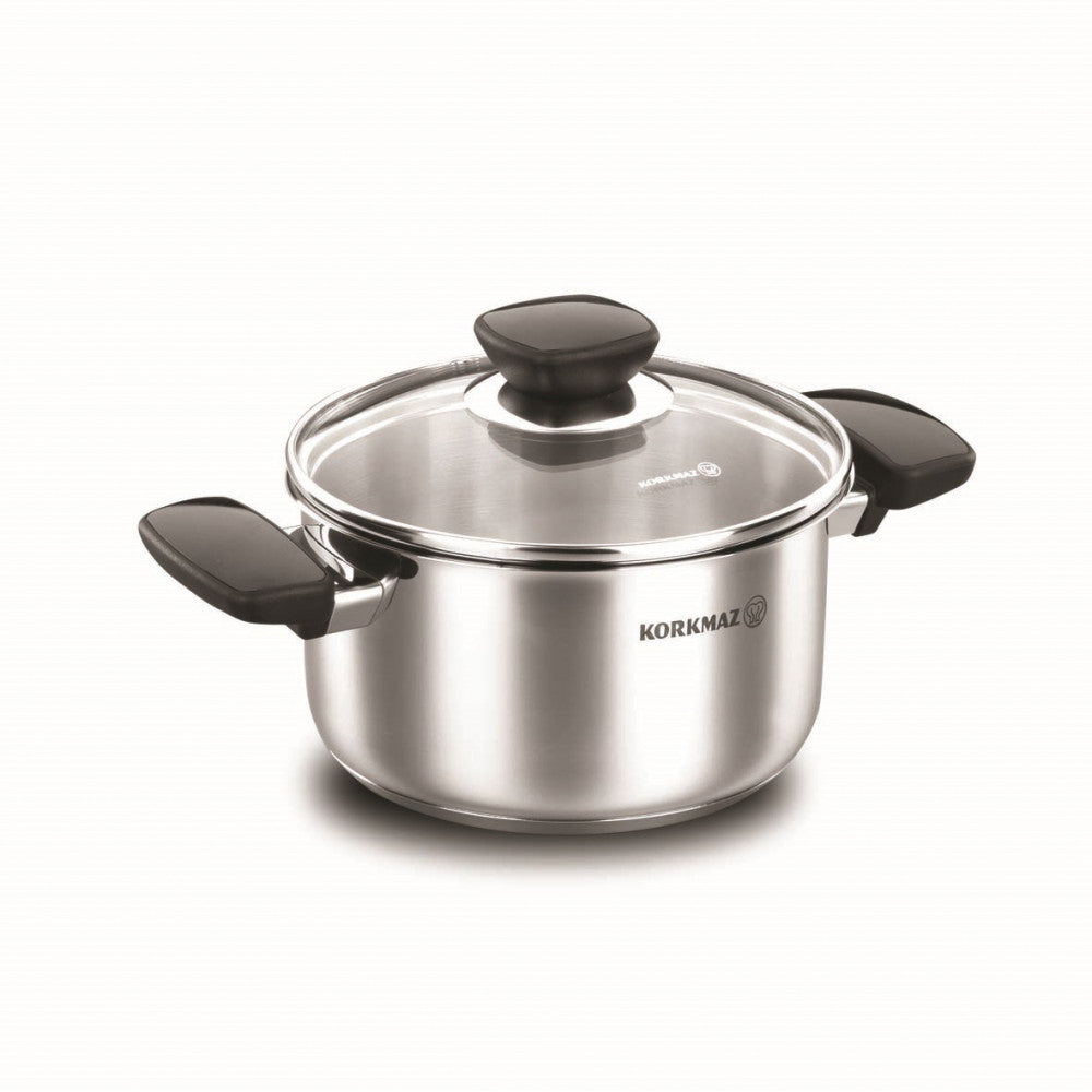 Korkmaz Cookware 24 cm 6 qt.Casserole 18/10 Stainless Steel Sauce Pan Pot with Glass Lid COOKPOT