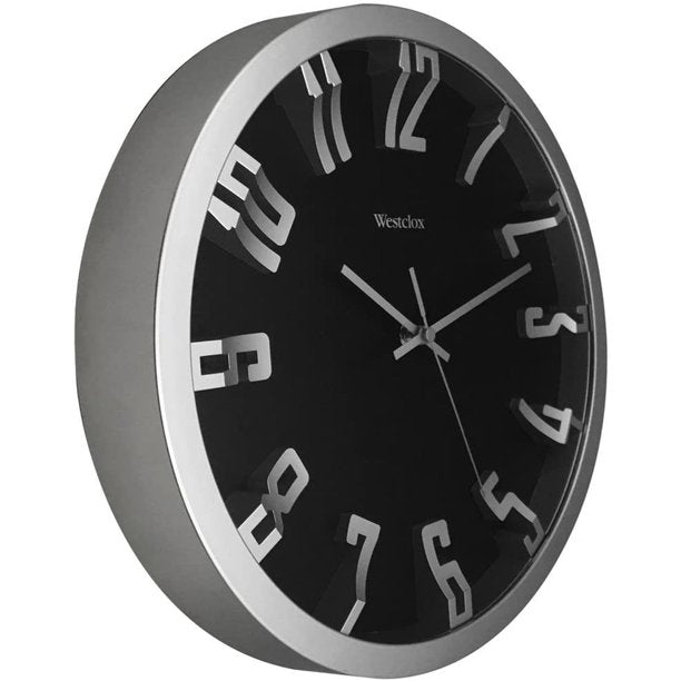 Westclox - Modern 12" Round 3D Number Analog Wall Clock, Metallic/Silver