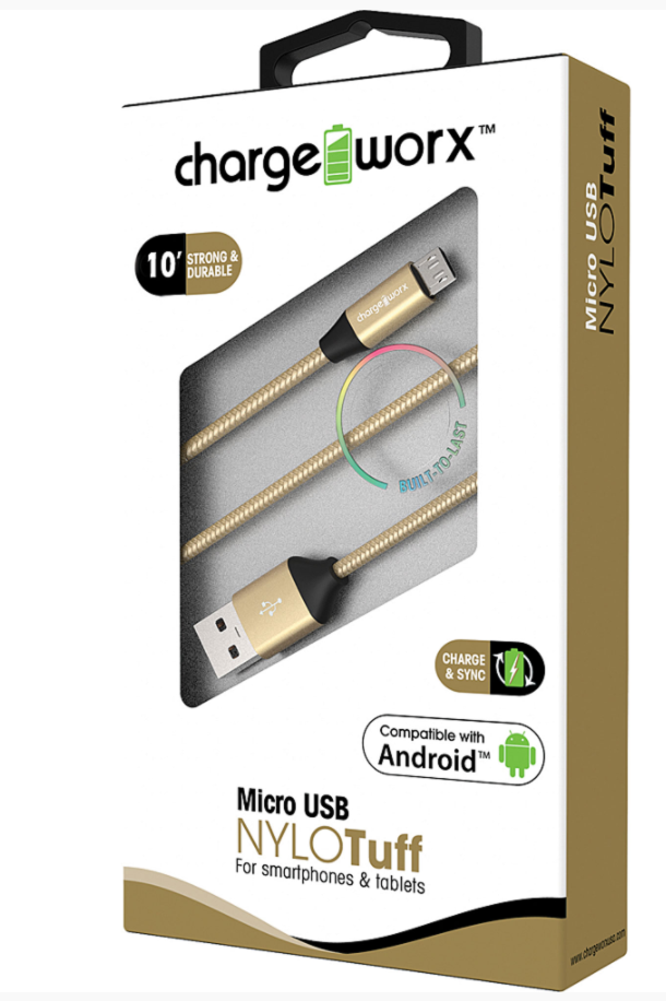 Chargeworx "NYLO" Tuff 10ft Micro USB Sync & Charge Cable, Gold
