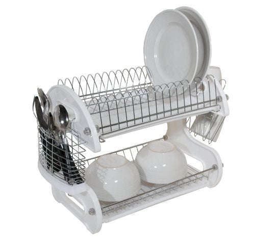 Home Basics 2 Tier Plastic Dish Drainer, White 