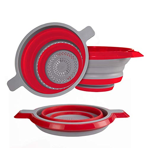 Kitchen Maestro Collapsible Colander 2 Piece Set, Red/Gray