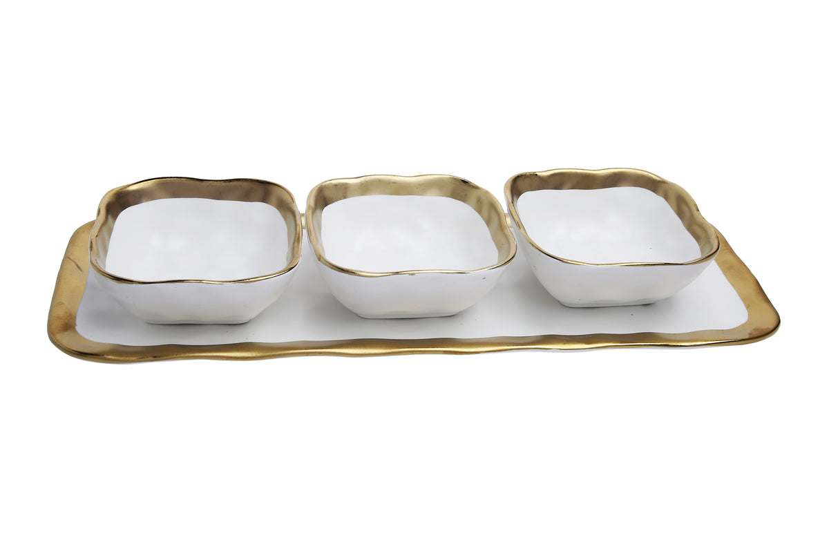 Classic Touch White Porcelain Square Dip Bowls with Gold Trim and Matching Tray