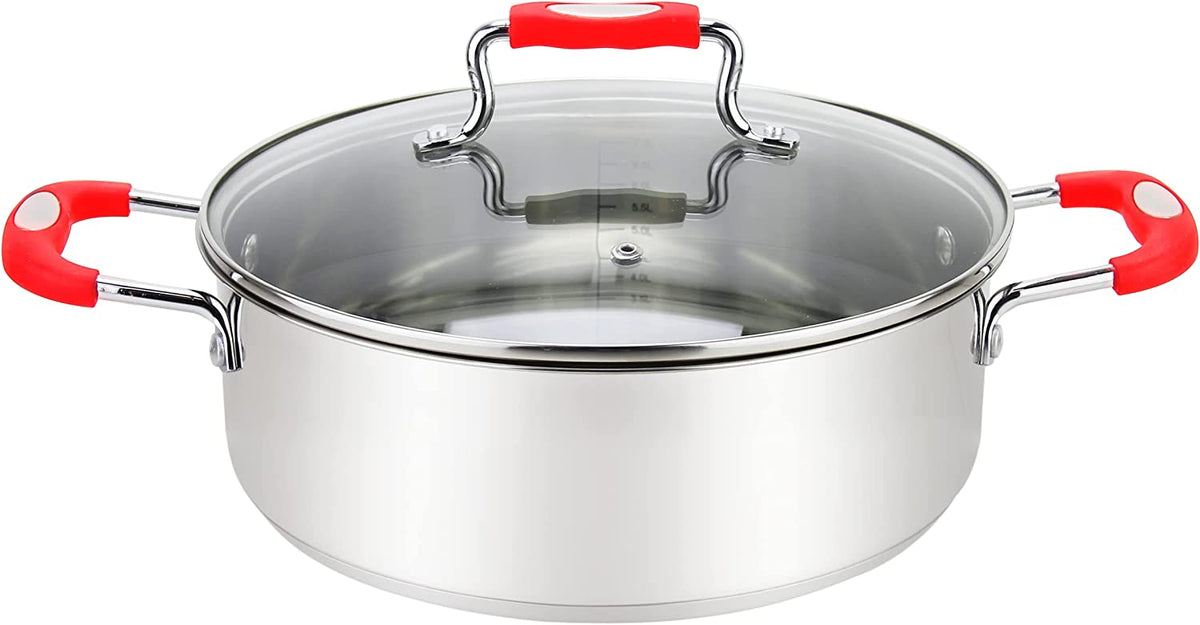Millvado-Urban Stainless Steel Low Casserole Pot, Glass Lid, Black & Red Silicone Handles, Assorted Sizes