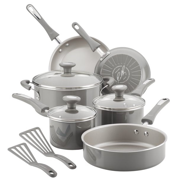 Rachael Ray 11-Piece Get Cooking! Non-Stick Pots and Pans Set, Cookware Set, Gray