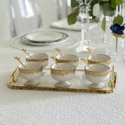 Porcelain Dessert Mugs with Coordinating Tray, Gold Trim