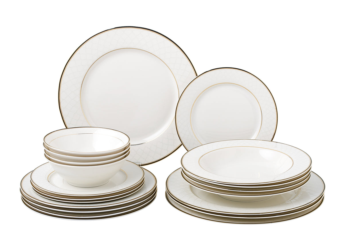 Lorren Home 20 Piece Bone China Domino Dinnerware Set, Gold Moroccan Trellis With Black Border, Service for 4
