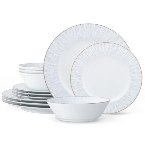 Noritake Glacier Platinum 12 Piece Fine Porcelain China Dinnerware Set, Service for 4
