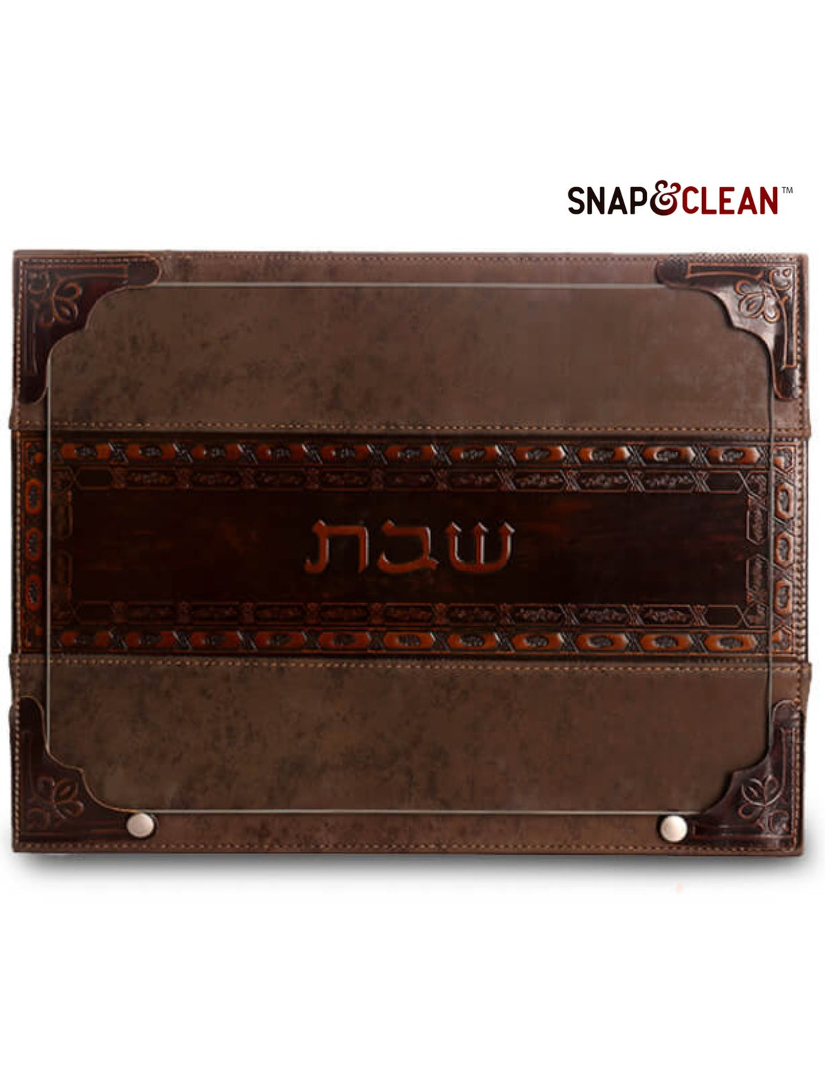 Challah Board With Snaps & Glass With Leather Stripe - Brown