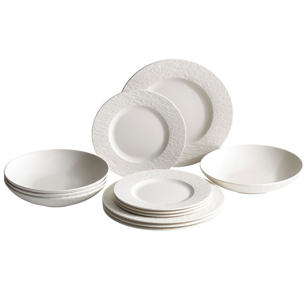 Villeroy & Boch Manufacture Rock Blanc 12 Piece Premium Porcelain Dinnerware, Service for 4