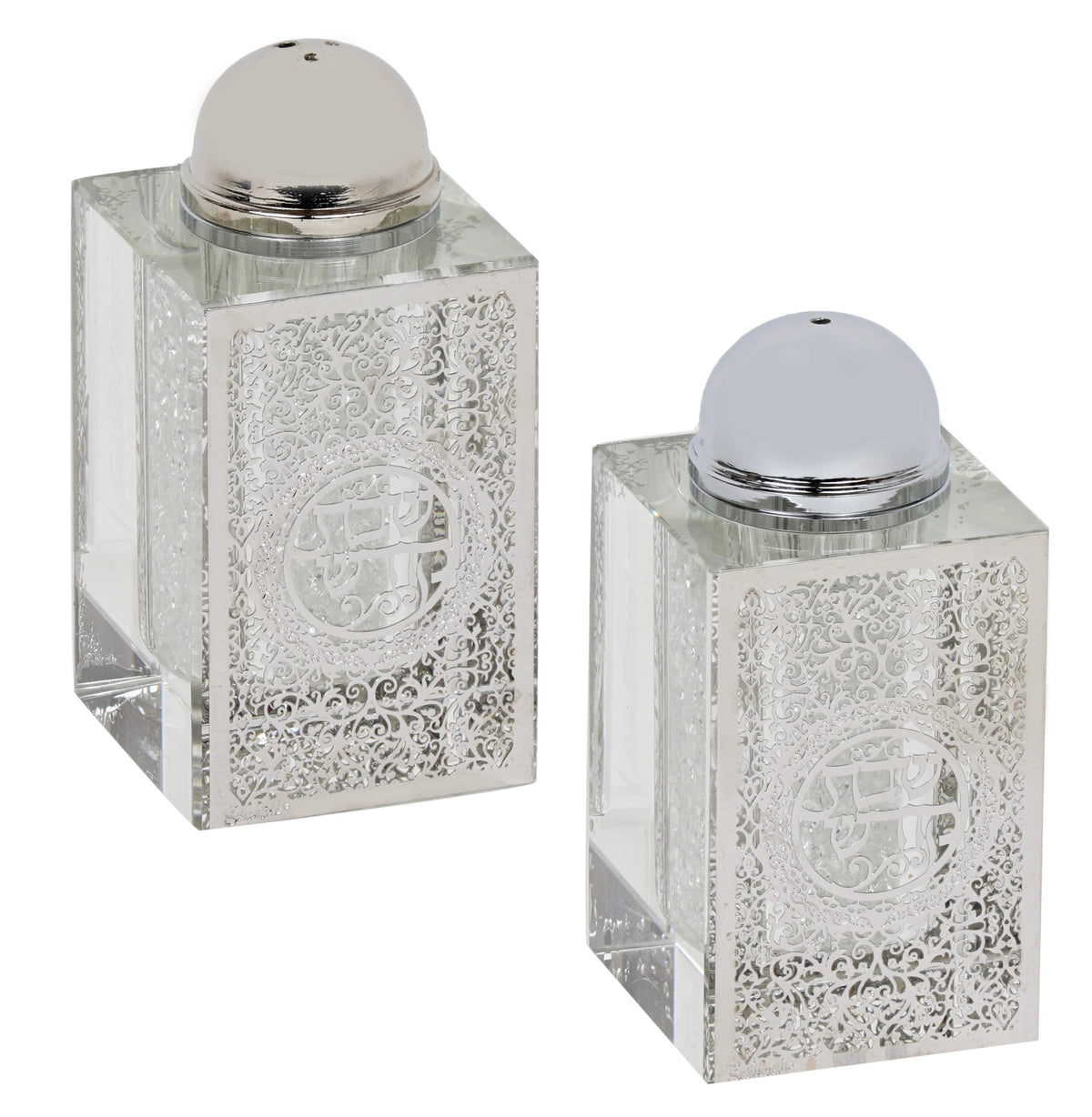 A&M Judaica Crystal Salt And Pepper Shaker Set Broken Glass & Shabbat Kodesh Silver Design 3"H