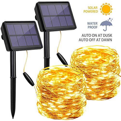 Solar String Lights Outdoor Waterproof, 33FT 100 LED Solar Powered Lights, Decoration Copper Wire Sukkah Lights (Warm White)