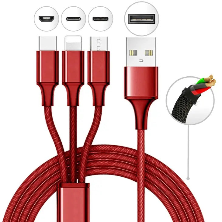 10 Foot 3 in 1 Cable - Micro USB, Lightning, Type C, Red