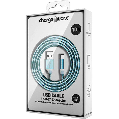 ChargeWorx GlowSync USB 2.0 Type-C to USB Type-A Male Cable, 10', Light Blue