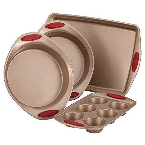 Rachael Ray 52386 Cucina Nonstick Bakeware Set with Grips includes Nonstick Cake Pans, Cookie Sheet / Baking Sheet and Muffin Pan / Cupcake Pan - 4 Piece, Latte Brown with Cranberry Red Handle Grips