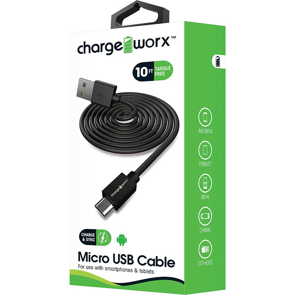 CHARGEWORX CX4605BK 10ft Micro USB Sync & Charge Cable, Black