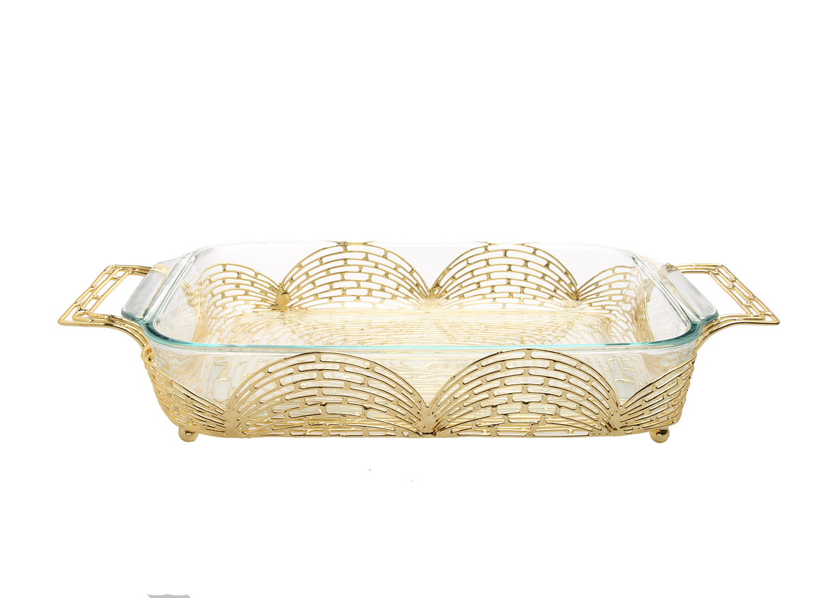Classic Touch Rectangular Gold Handled Pyrex Holder with Brick Design