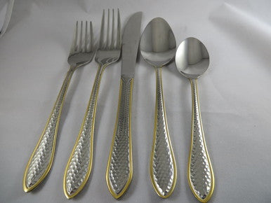 Holister Metropolitan 20 Piece 18/10 Flatware Set, Gold Accent American Hammered