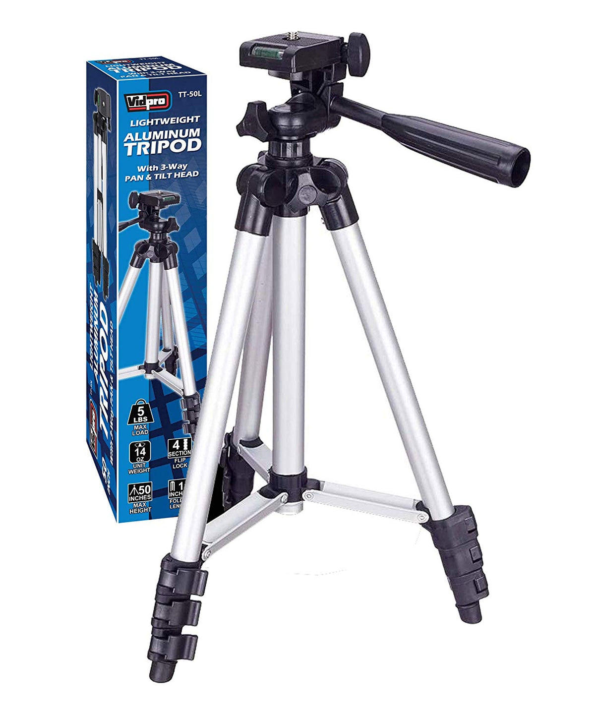 Aluminum Tripod with 3 Way Pan & Tilt Head, 50"