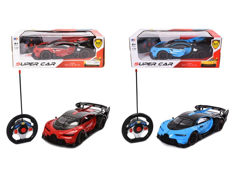 Wonderplay Super Car 1:12 Scale RC Remote Control Race Car w Lights, Rechargeable, Opening Doors and Rear, Blue or Red (2x AA)