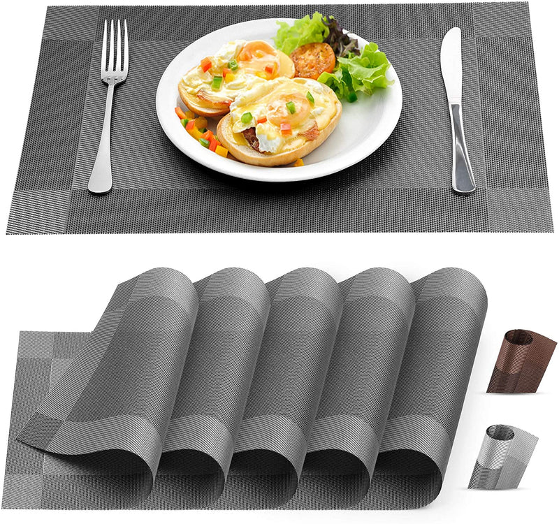 Zulay Vinyl Woven Placemats For Dining Table, 12' x 18', Grey