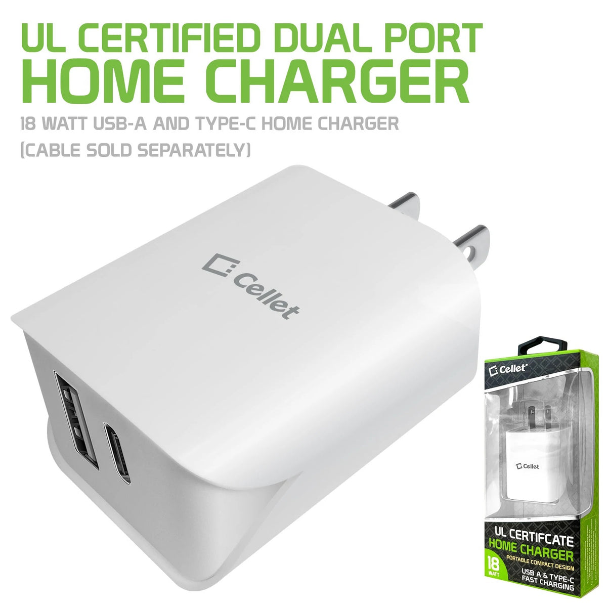 Cellet UL Certified Dual Port Home Charger, White