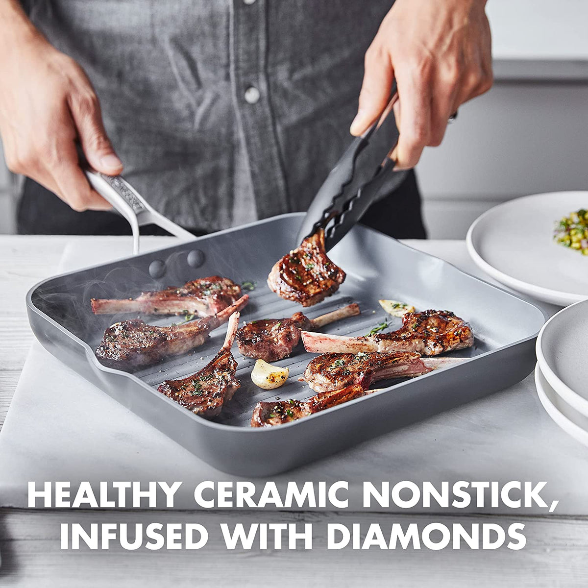 GreenPan - Paris Collection 11" Ceramic Non-Stick Square Grill Pan, Grey