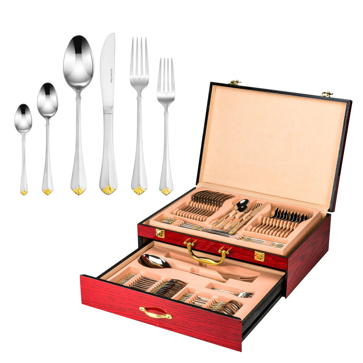 Joseph Sedgh 18/10 Flatware, Various Silver with Gold Designs in a Wooden Storage Chest