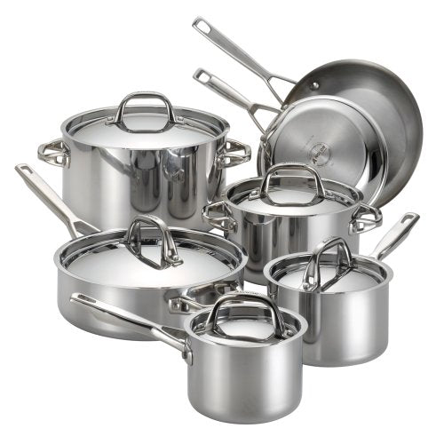 Anolon Tri-Ply Clad 12 Piece Cookware Set, Stainless Steel - Induction Ready, Oven Safe - Includes: 1.5QT & 2 QT Saucepans, 3.5QT Saucepot, 4QT Saute, 8QT Stockpot, 8.5" & 10.25" Skillets POTSET
