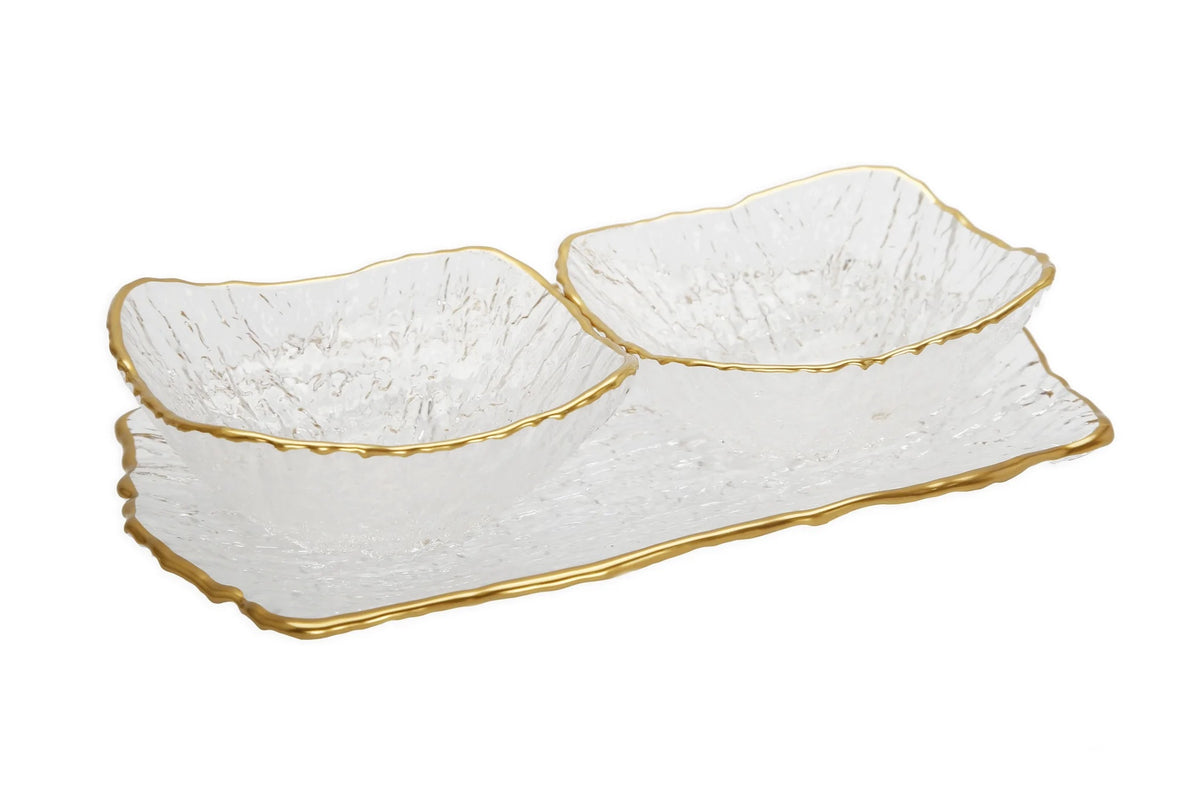 Classic Touch Glass 2 Bowl Relish Dish with Gold Trim