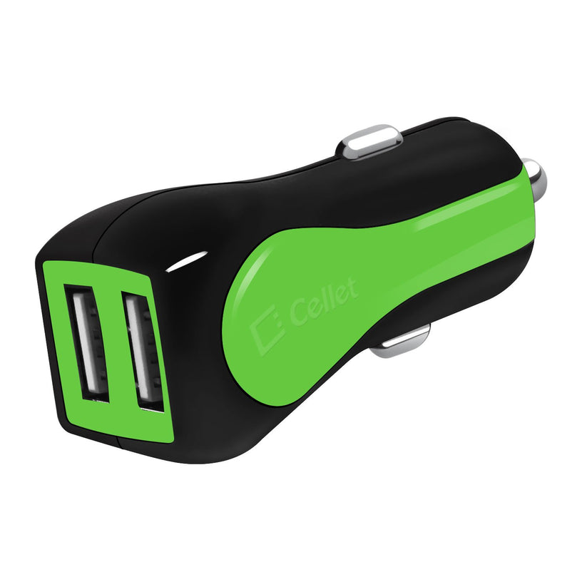 Cellet 12W Rapid Charge 2.4A Dual USB Car Charger, Green