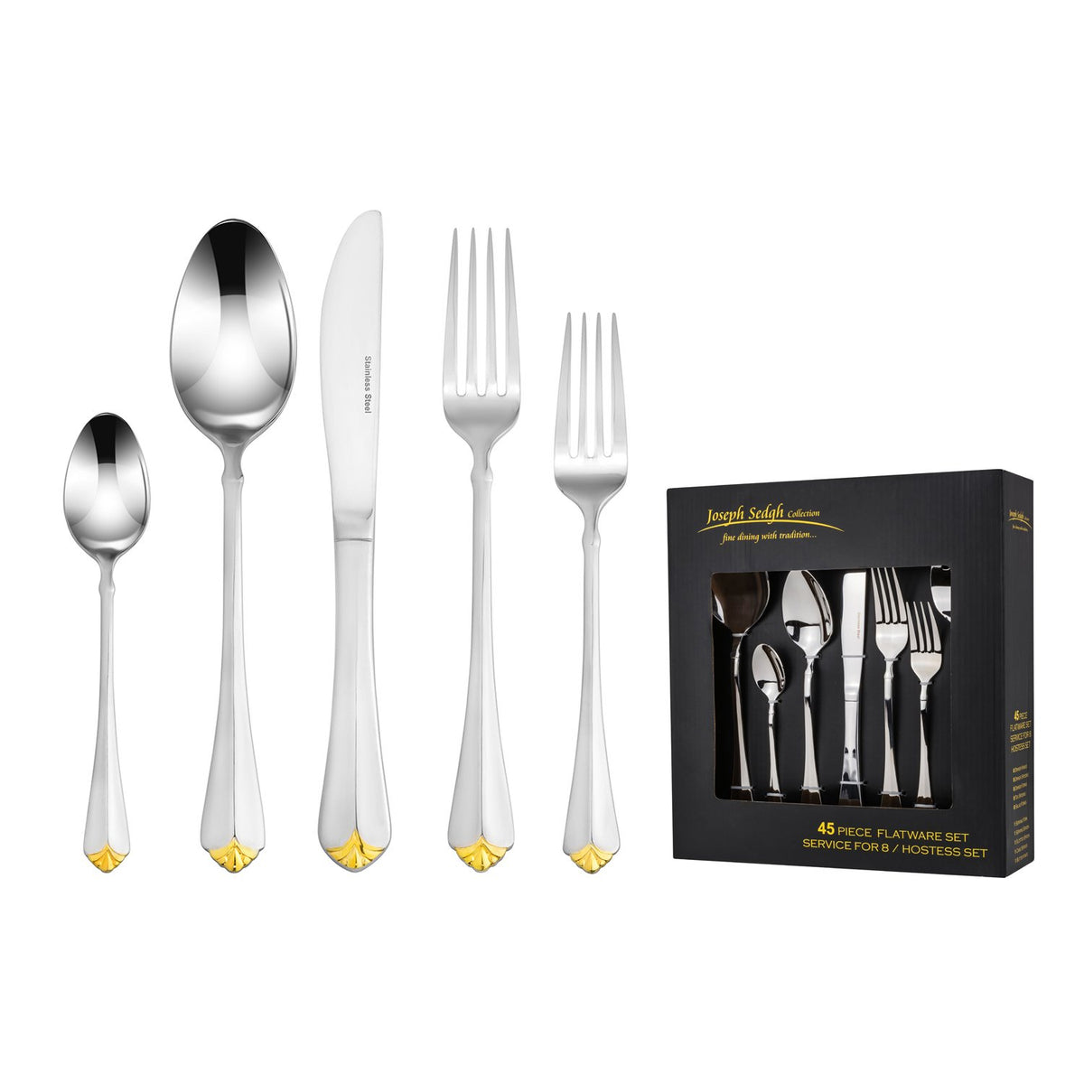 Joseph Sedgh 002G-45 18/10 Flatware, Service for 8, Includes Serving Spoon, Serving Fork, Slotted Spoon, Cake Server, Butter Knife, Silver with Gold