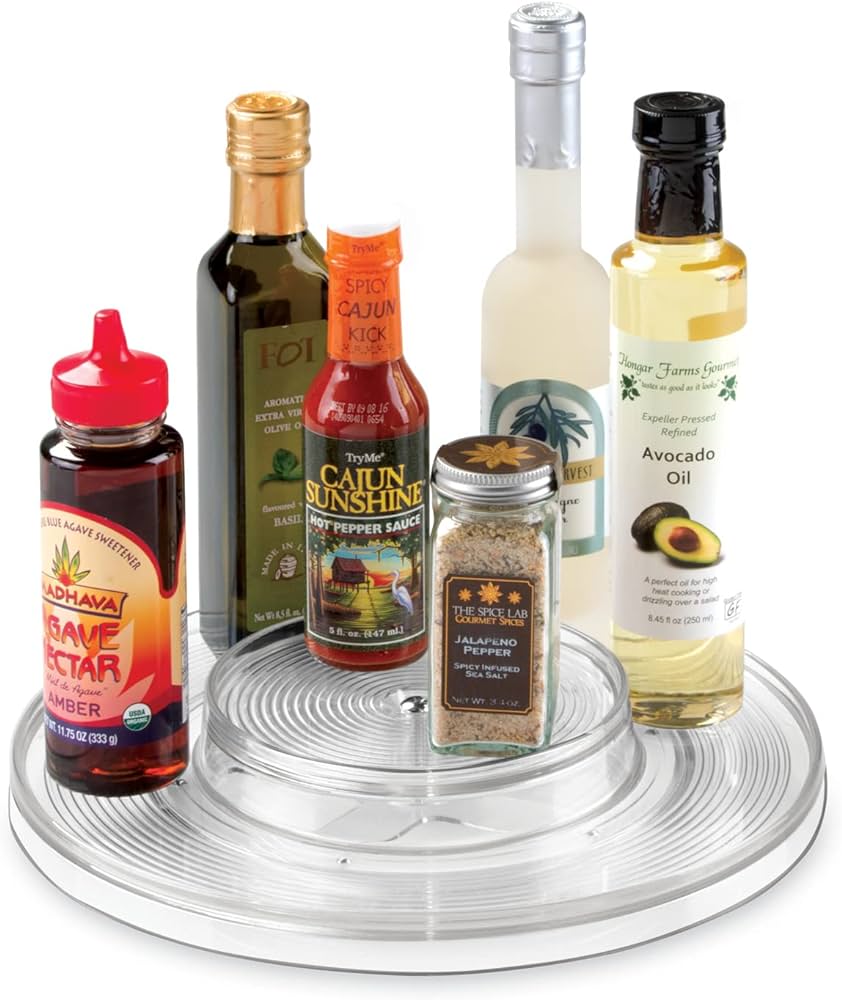 iDesign Linus Lazy Susan Cabinet Turntable - 2-Tier Organizer Tray for Kitchen Pantry or Countertops, Spice, 11", Clear