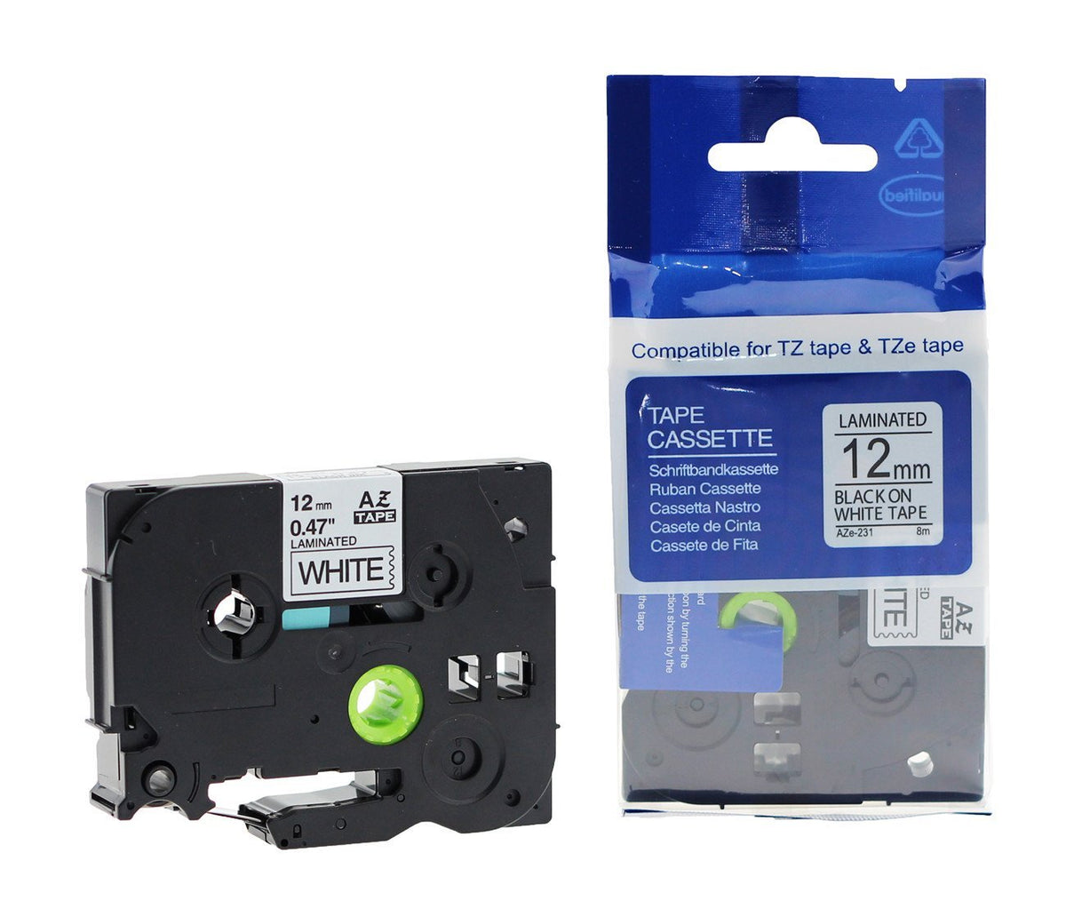 Replacement Laminated Black on White 12mm Label Tape for Brother P-Touch Label Maker - TZe-231 TZe231 TZe 231, 0.47" x 26.2', 12mm x 8m (Works with PTH110)