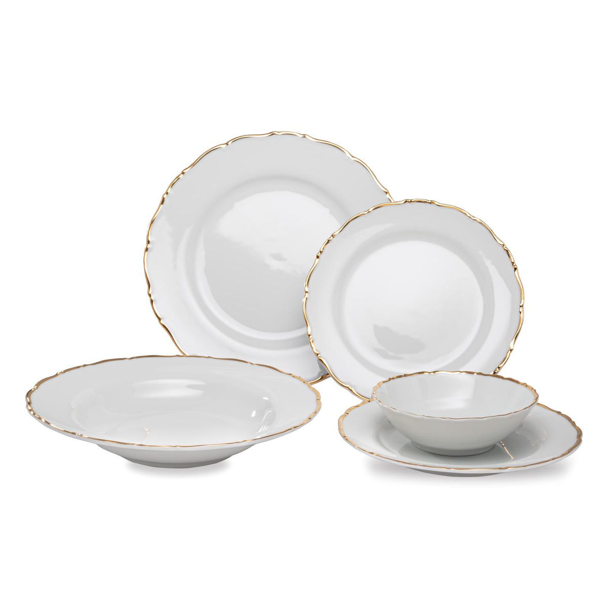 VL-2057-OG Souelle Thun Ophelia, Gold Band Dinnerware Set - 20 Pc Set Serving For 4, Dinner, Salad, Soup, Bread & Butter, Dessert