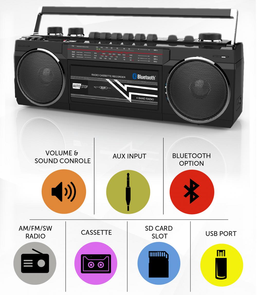 Riptunes Retro AM/FM/SW Radio & Cassette Boombox, Black